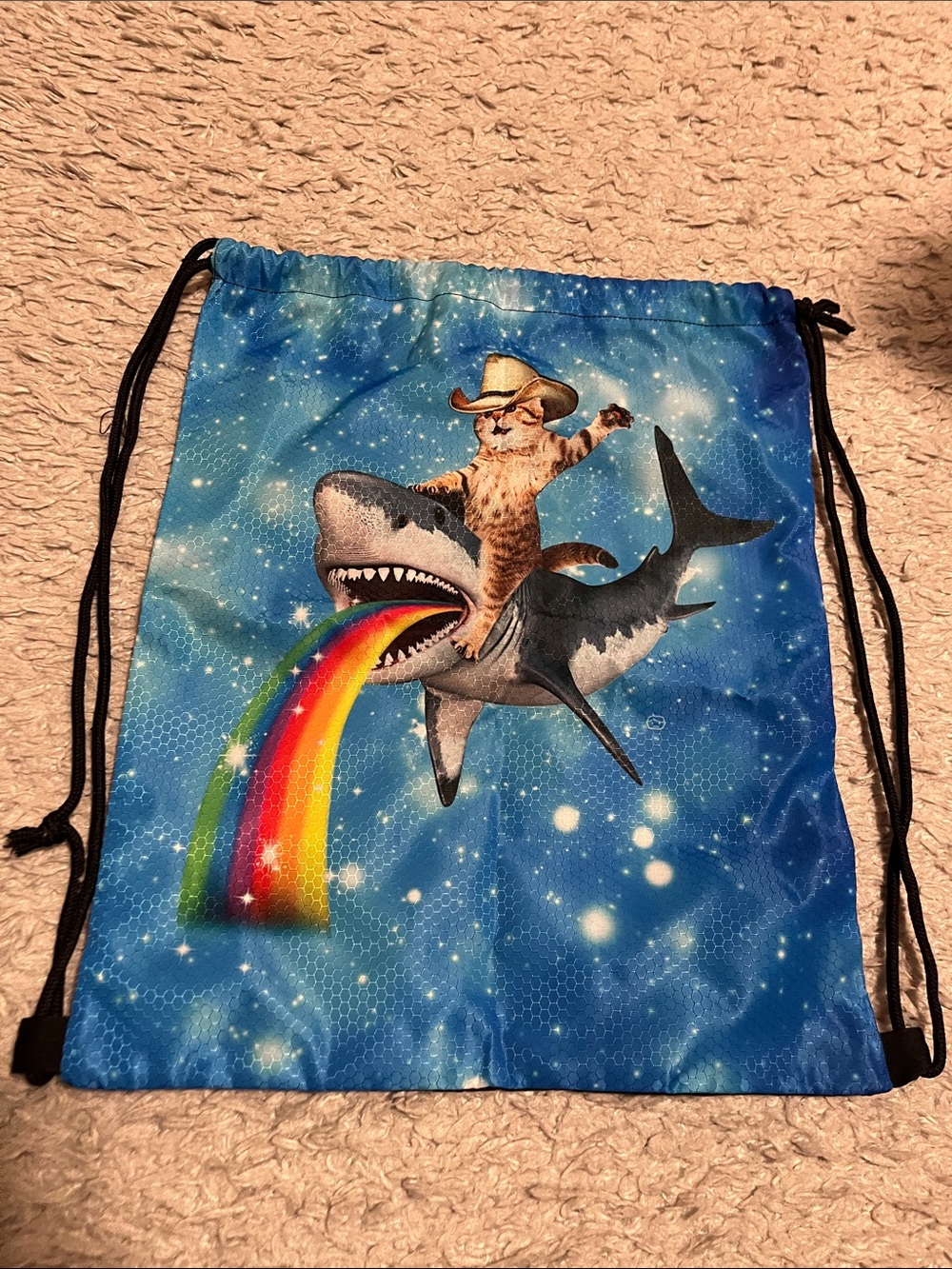 Blue Drawstring Backpack with Cat & Shark Rainbow Graphic